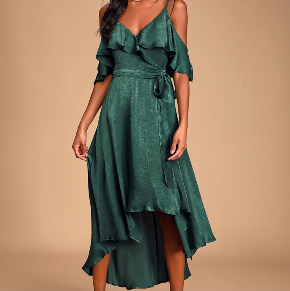 Elegant Green Ruffle Wrap Dress